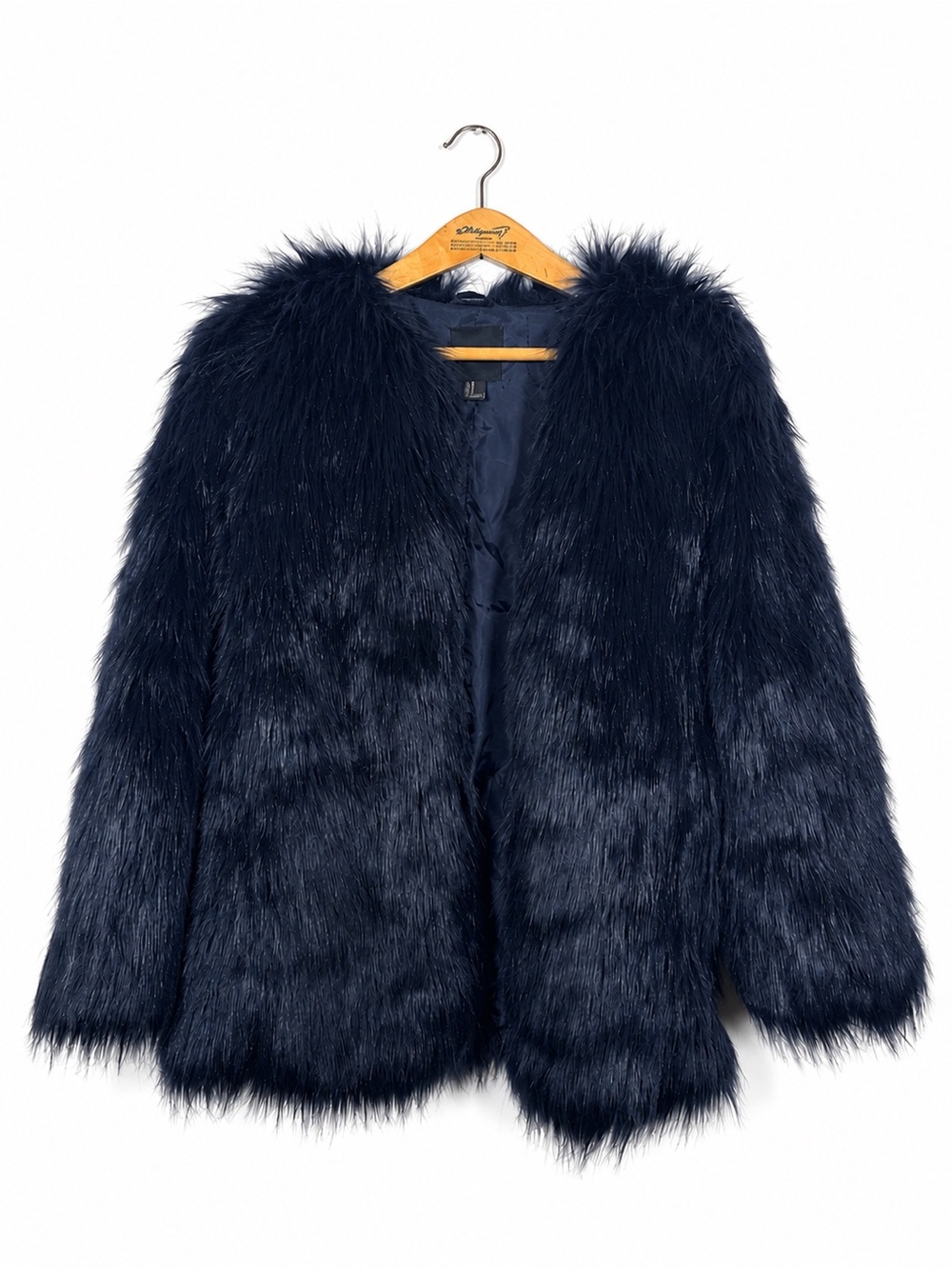 Forever 21 Navy Vegan Fur Jacket Plush Shaggy Coat Size M Mob Wife Y2K Glam Fall